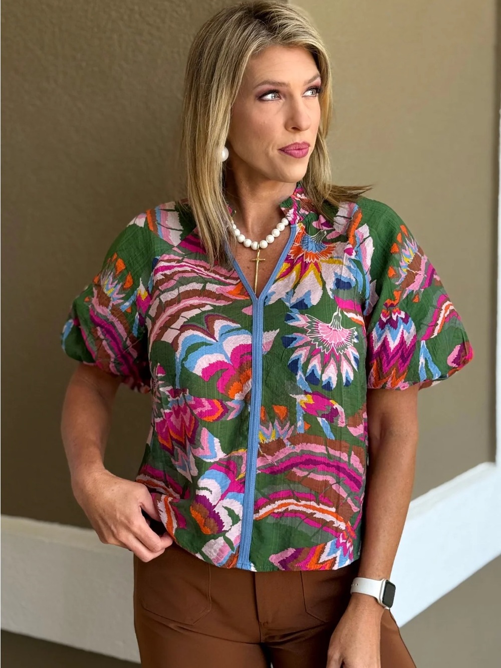 THML Green Floral Ruffle Neck Puff Sleeves Popover Top Size XS